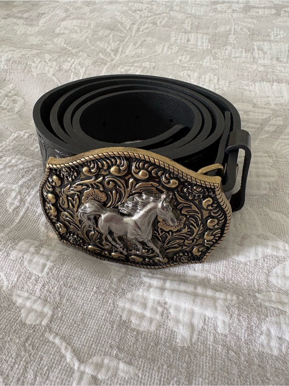 Western Horse Buckle Belt - Black Fake Leather with Antique Gold & Silver Buckle